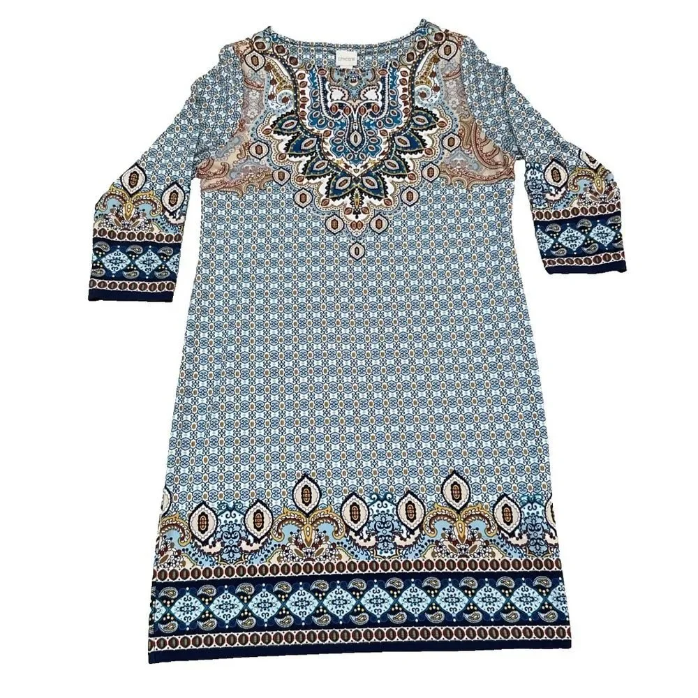 Chico's Powder Blue Paisley-Print Midi Shift Dress